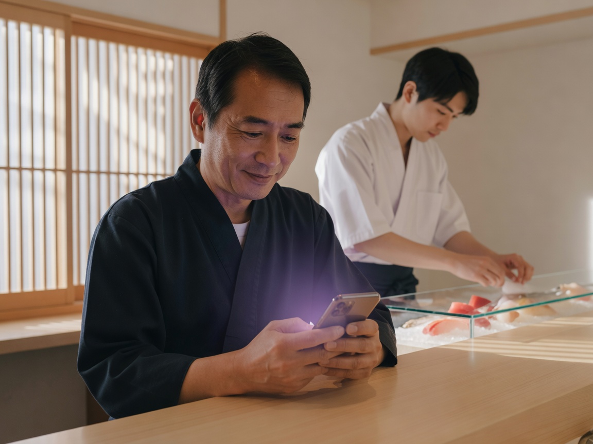 カウンター越しに常連客と大将が笑顔で言葉を交わす場面