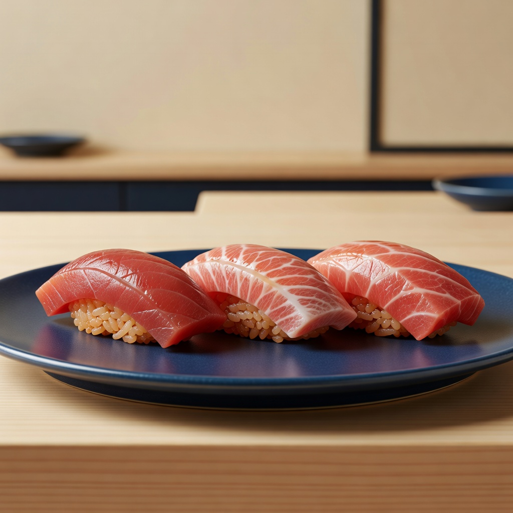 本鮪 三貫 ー 赤身の漬け・中トロ・大トロ。塩釜や大間から、その日いちばんの一本を competition で仕入れて