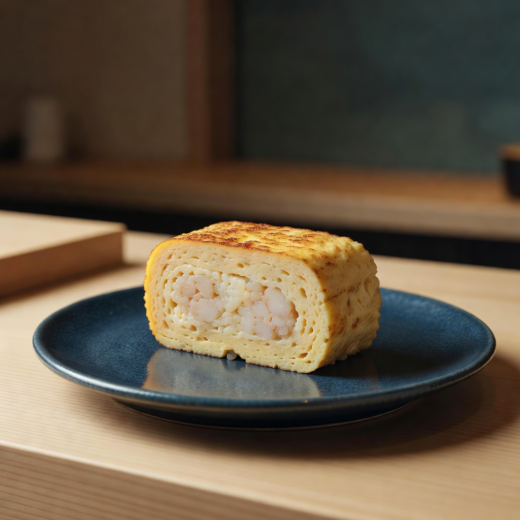 玉子焼き ー 芝海老をすり身にして焼き上げるカステラ玉子。〆の一貫、店の名刺です。折詰にもお入れします