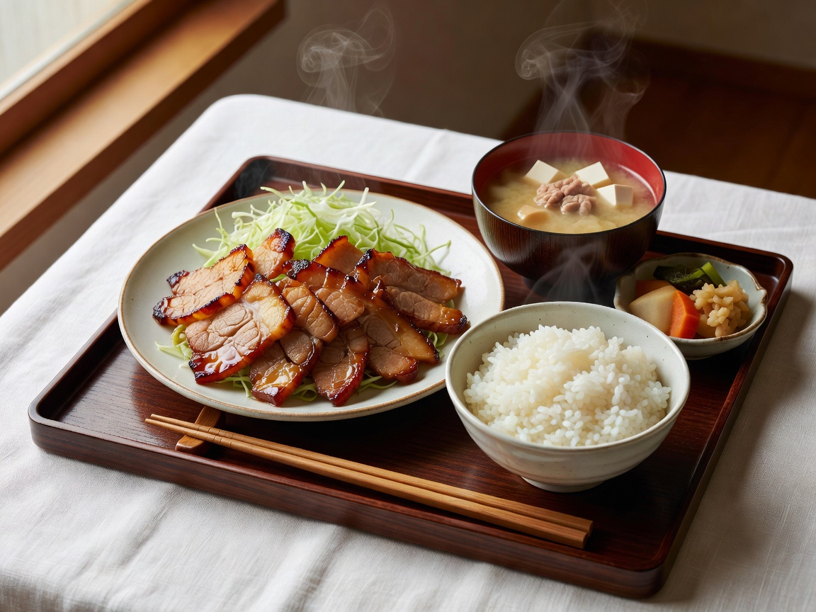 湯気の立つ生姜焼き定食、ご飯と味噌汁と漬物の一汁三菜