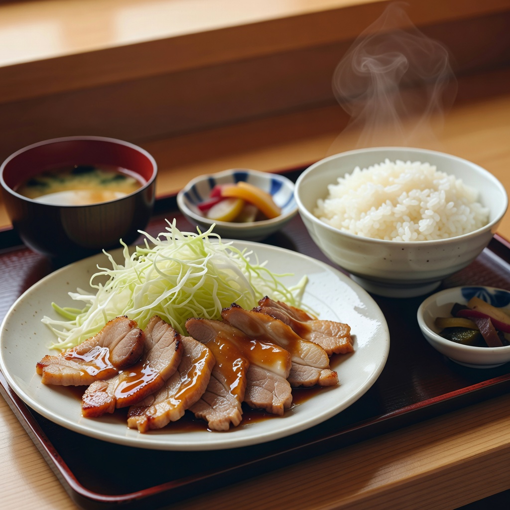 生姜焼き定食 ー 看板の一膳。朝挽きの豚ロースを、すりおろし生姜と自家製だれで。千切りキャベツと羽釜ごはん、味噌汁つき