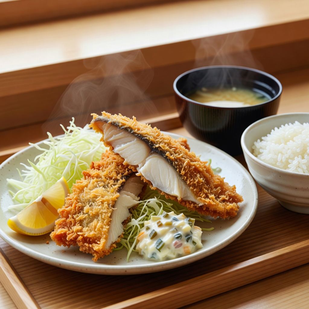 アジフライ定食 ー 市場で選んだ真アジを注文ごとに揚げます。衣はサクッ、身はふわり。自家製タルタルと、まずはソースなしで一口