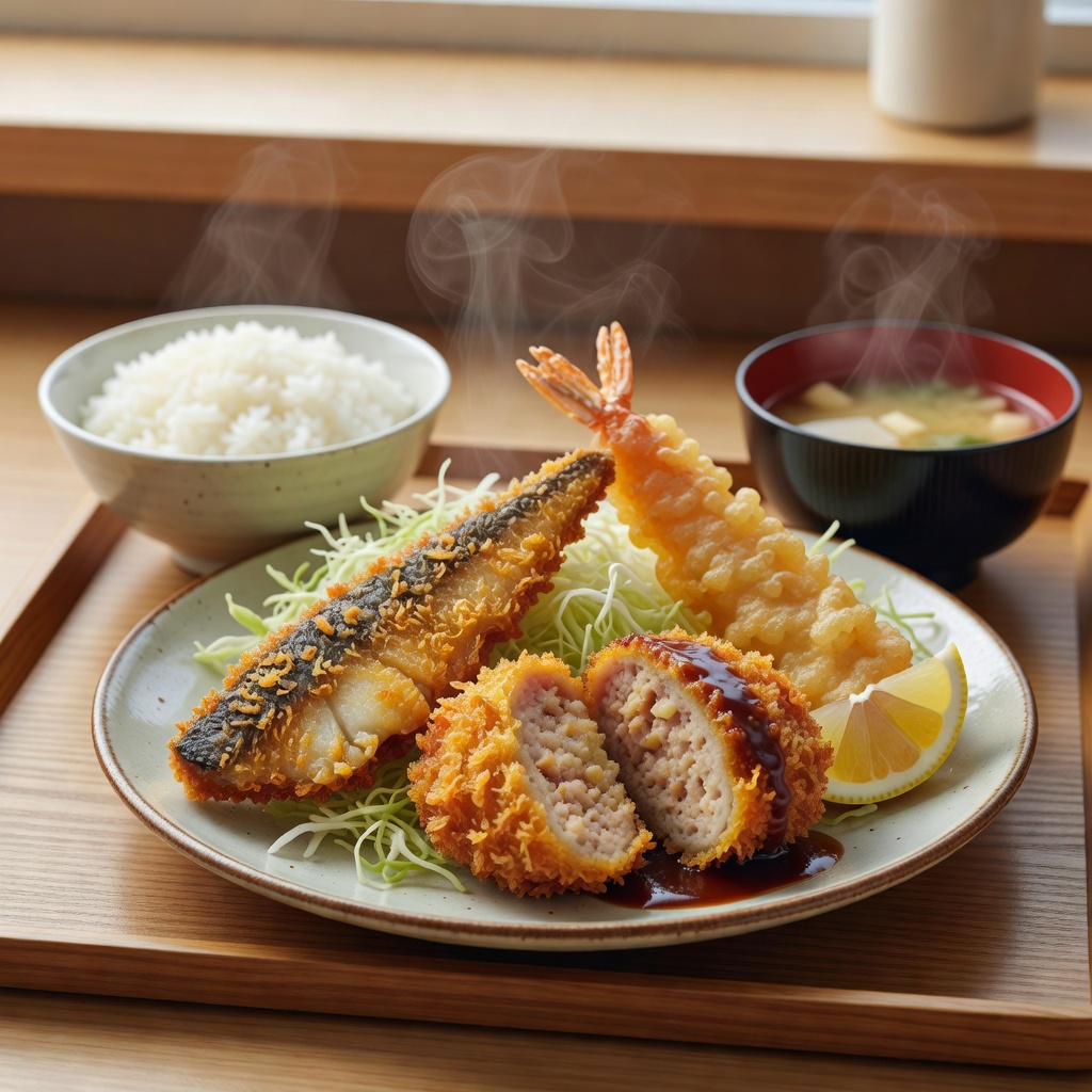 ミックスフライ定食 ー アジ・大海老・自家製メンチの三点。一皿で全部食べたい欲張りさんに。ご飯がとまらない揚げたて盛り合わせ