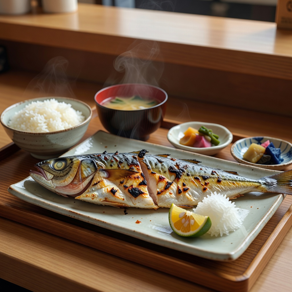 焼き魚定食 ー 脂ののったホッケの開きを、皮目はパリッと。大根おろしとすだちを添えて。夏はサンマ、冬は銀だら西京焼きに替わります