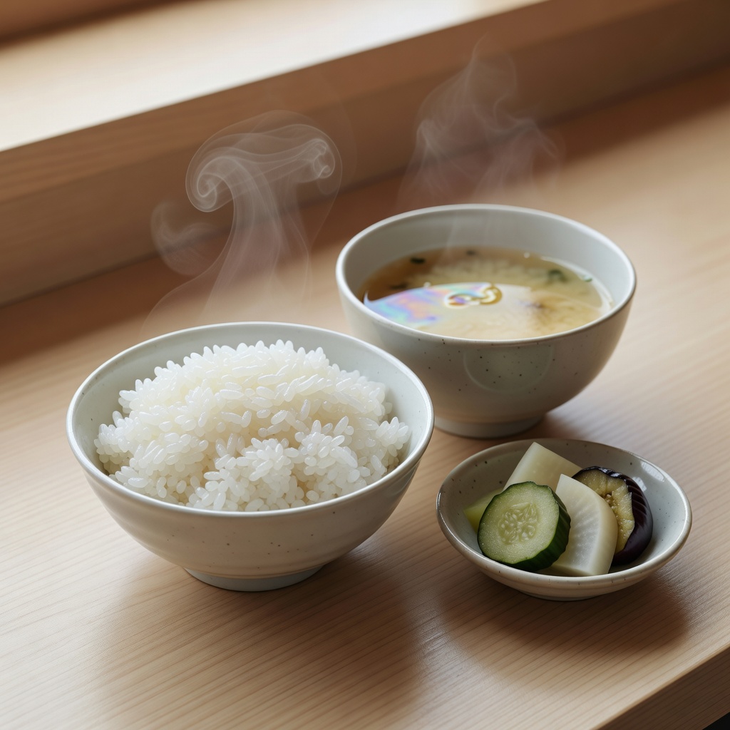 羽釜ごはんと味噌汁、自家製ぬか漬け ー 主役は実はこれ。羽釜で炊く米と煮干しだしの味噌汁、42年つぎ足したぬか床の漬物。ごはんはおかわり無料