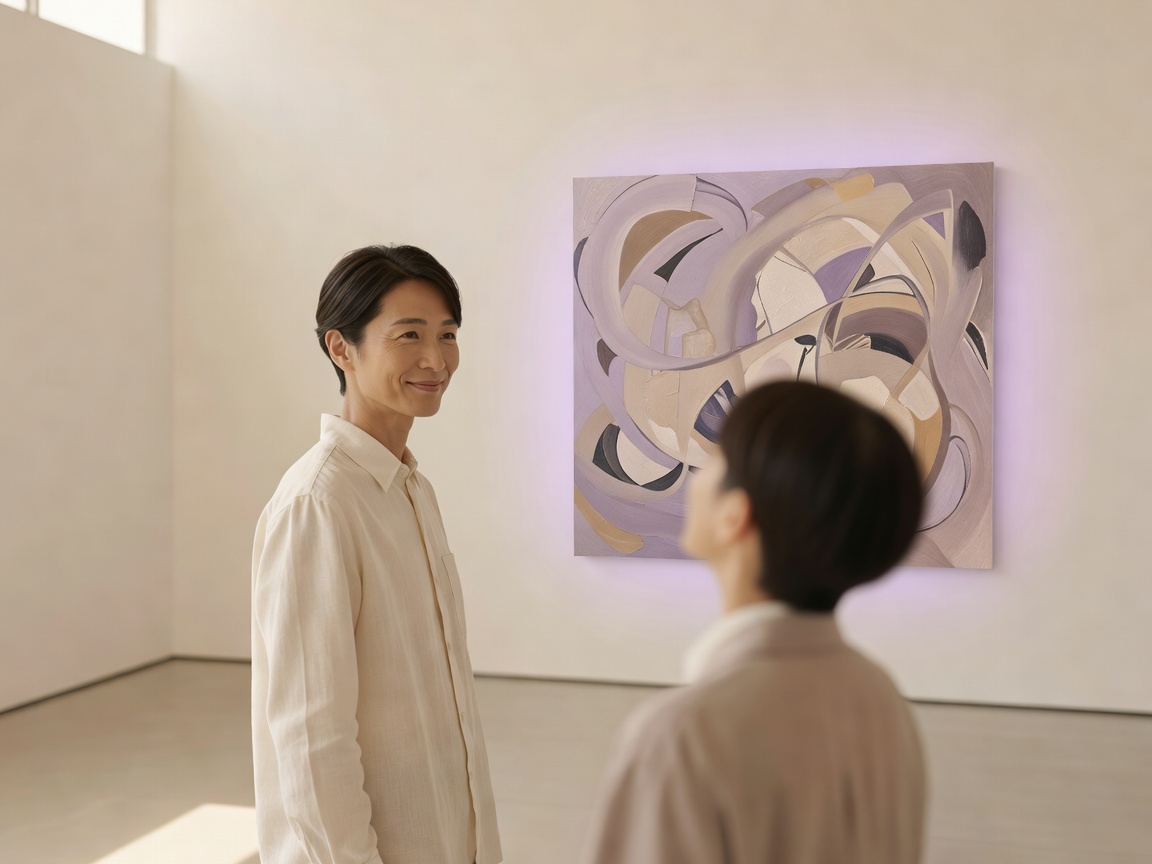 作品を手に取り購入する来場者と作家の会話