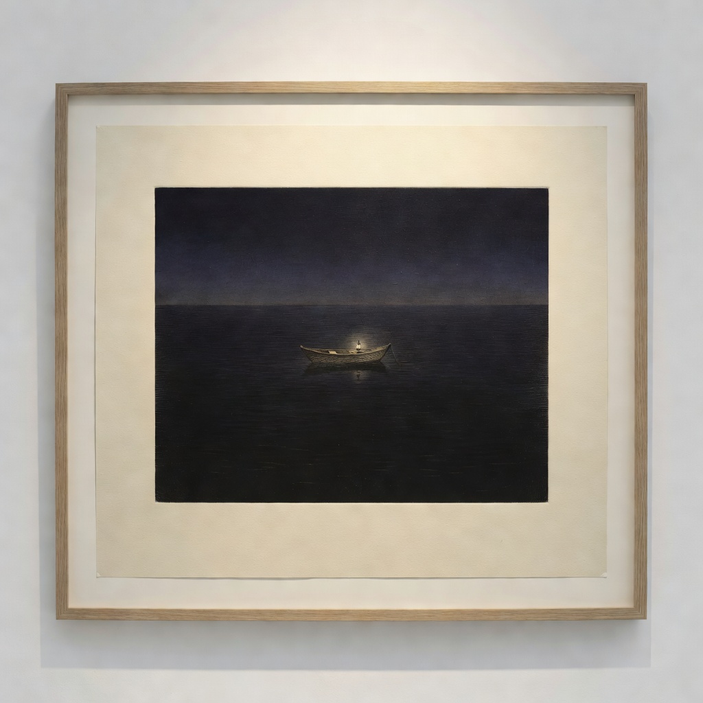 表題作『夜を渡る』銅版画（エッチング＋アクアチント）・約30×40cm。灯りひとつの小舟が、真夜中の水面を渡っていく——眠れなかった夜に見た景色を、一年かけて刻みました。限定18部・サイン入り。