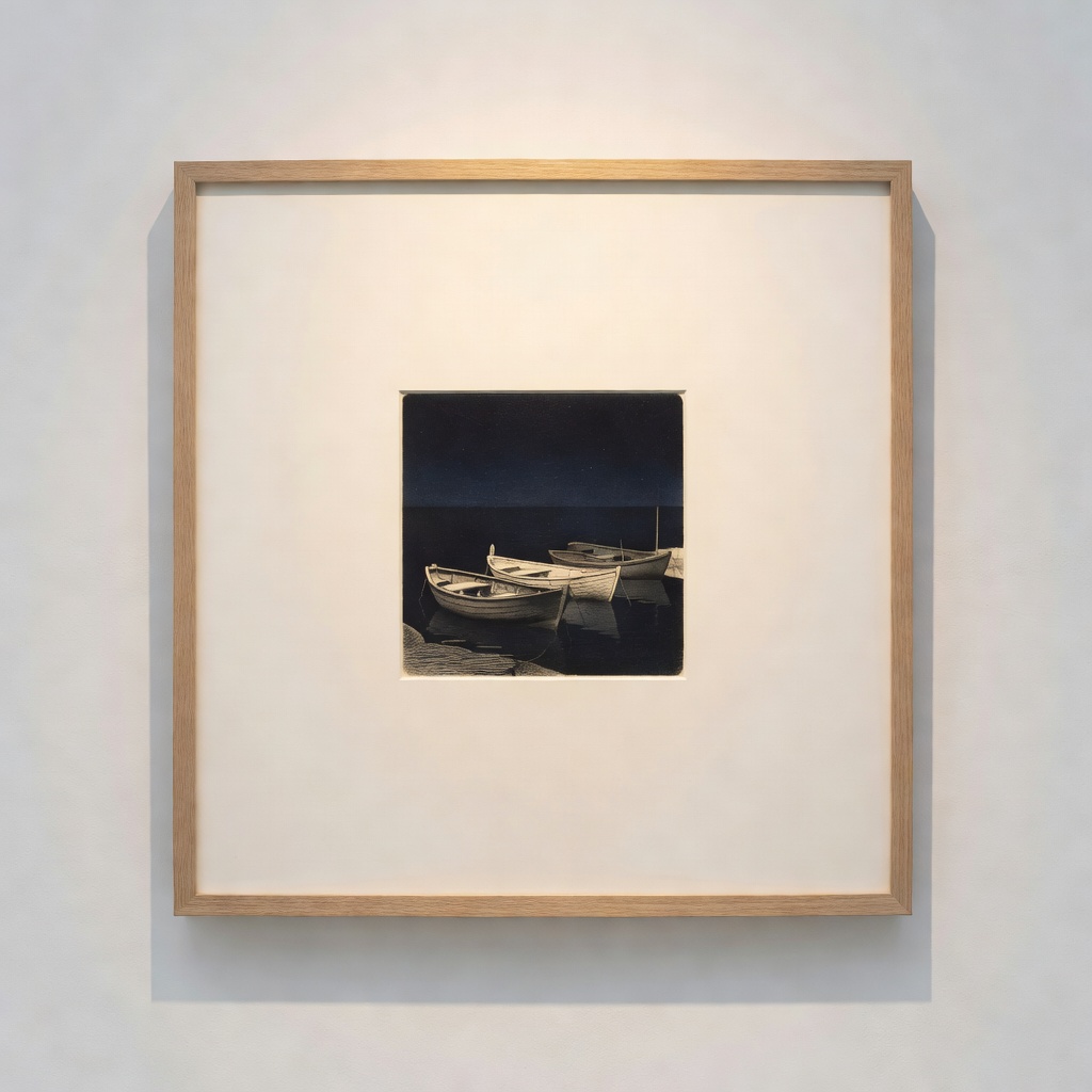 『眠る港』銅版画・約20×20cm。灯りの消えた小さな港に、係留された舟が身を寄せ合って眠っている。展示のなかで、いちばん静かな一枚です。