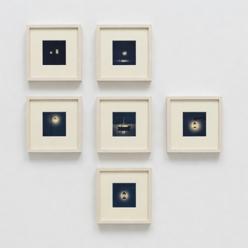 小品シリーズ『灯（あかり）』全6点・各約9×9cm。窓、街灯、船の舷灯——夜のなかの小さな光ばかりを集めました。贈り物に選ばれることの多いシリーズです。