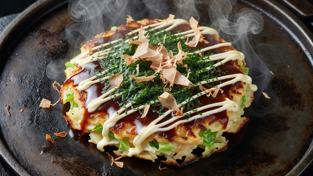 鉄板の上で湯気を立てるお好み焼と、ソースを塗る刷毛