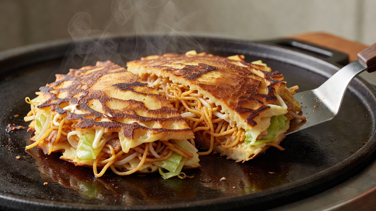 モダン焼。中太麺を挟んで、食べごたえのある仕上がりに
