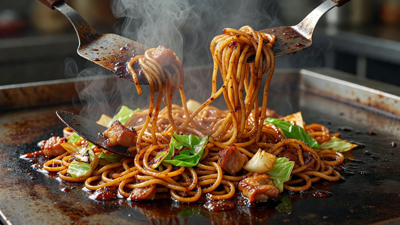 鉄板で仕上げる焼きそば。太麺に自家配合ソースをからめて