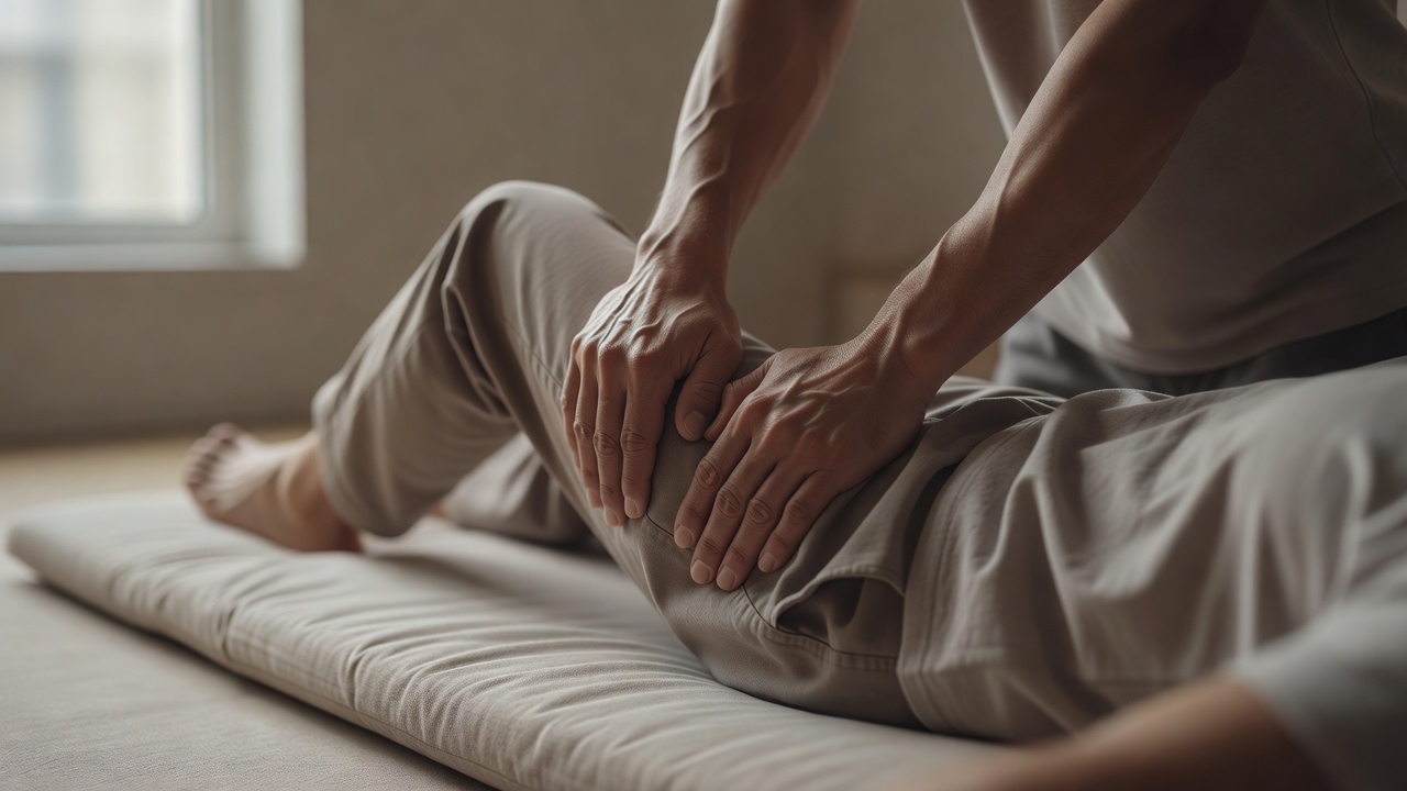膝を立てて脚の付け根まで、手のひらでゆっくり圧をかけていく場面