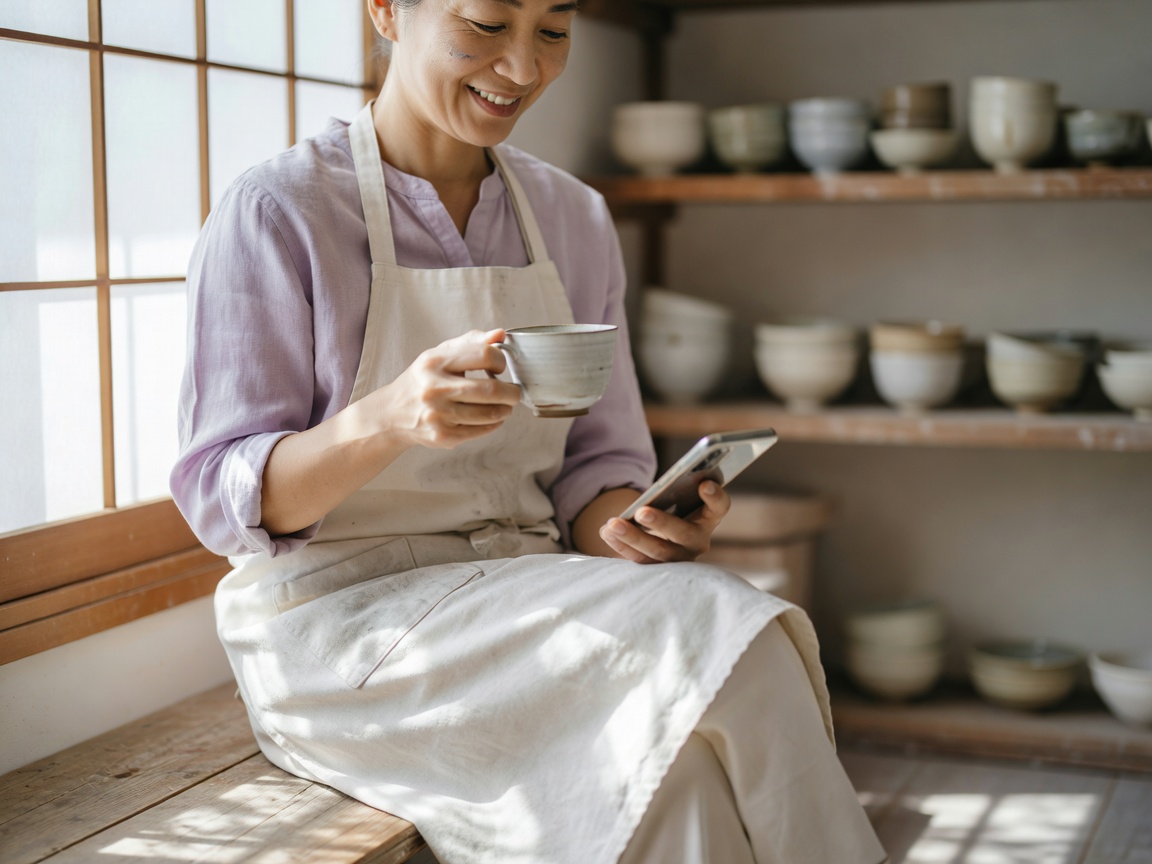 体験で作った器を窯出しで受け取り笑顔になるお客様