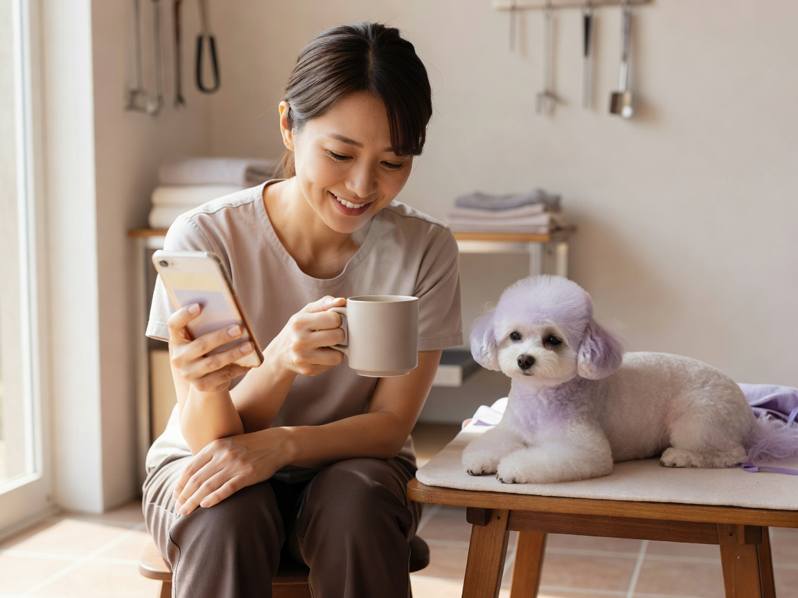 仕上げを終えた犬を抱く飼い主の笑顔。信頼が伝わるお迎えの瞬間