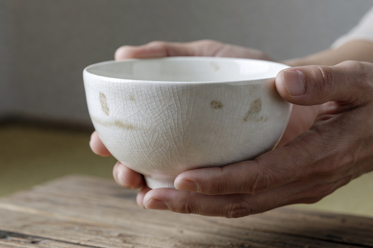 粉引の飯碗。使うほどに貫入へ茶渋がなじみ、白がやわらかく育ちます