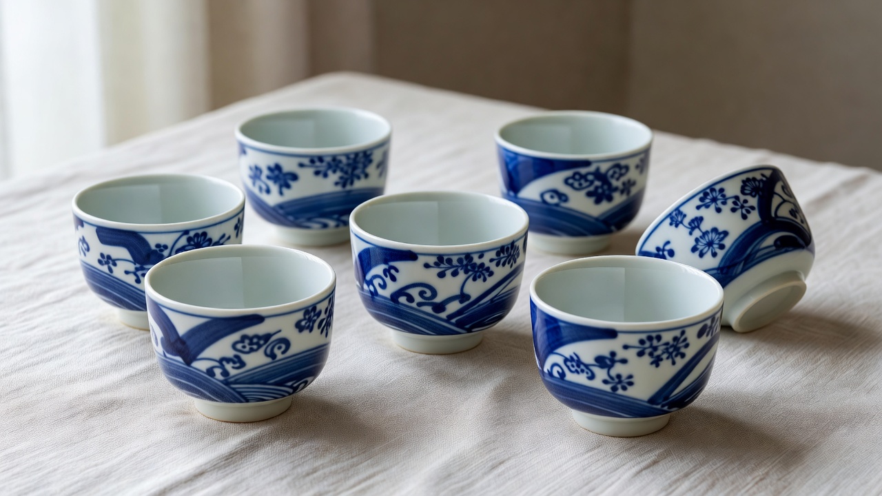 呉須で描いた蕎麦猪口。染付の線が涼しく、そばにも冷茶にも合います