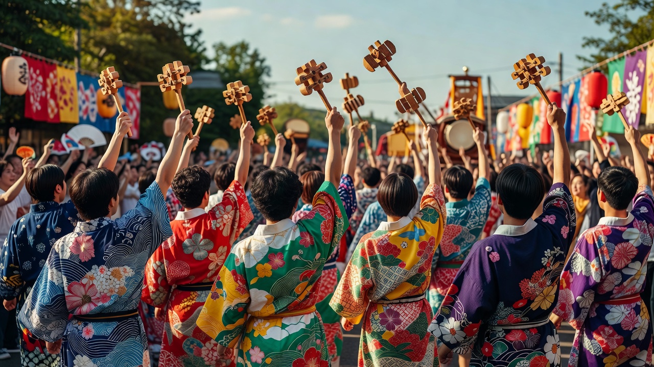 夏祭りの櫓に上がった和太鼓と提灯の灯り