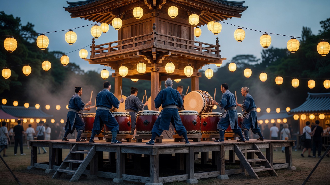 夏祭りの櫓の上での奉納演奏。浴衣と法被がそろう