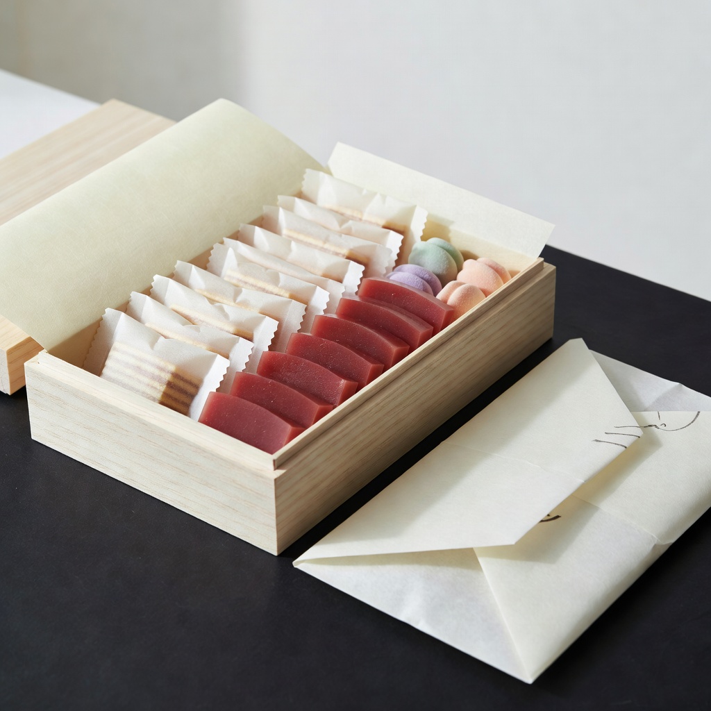 進物の詰め合わせ ー 最中・羊羹・干菓子をひと箱に。のし・掛け紙を承り、慶弔いずれの表書きにも。手土産・法要・ご挨拶に