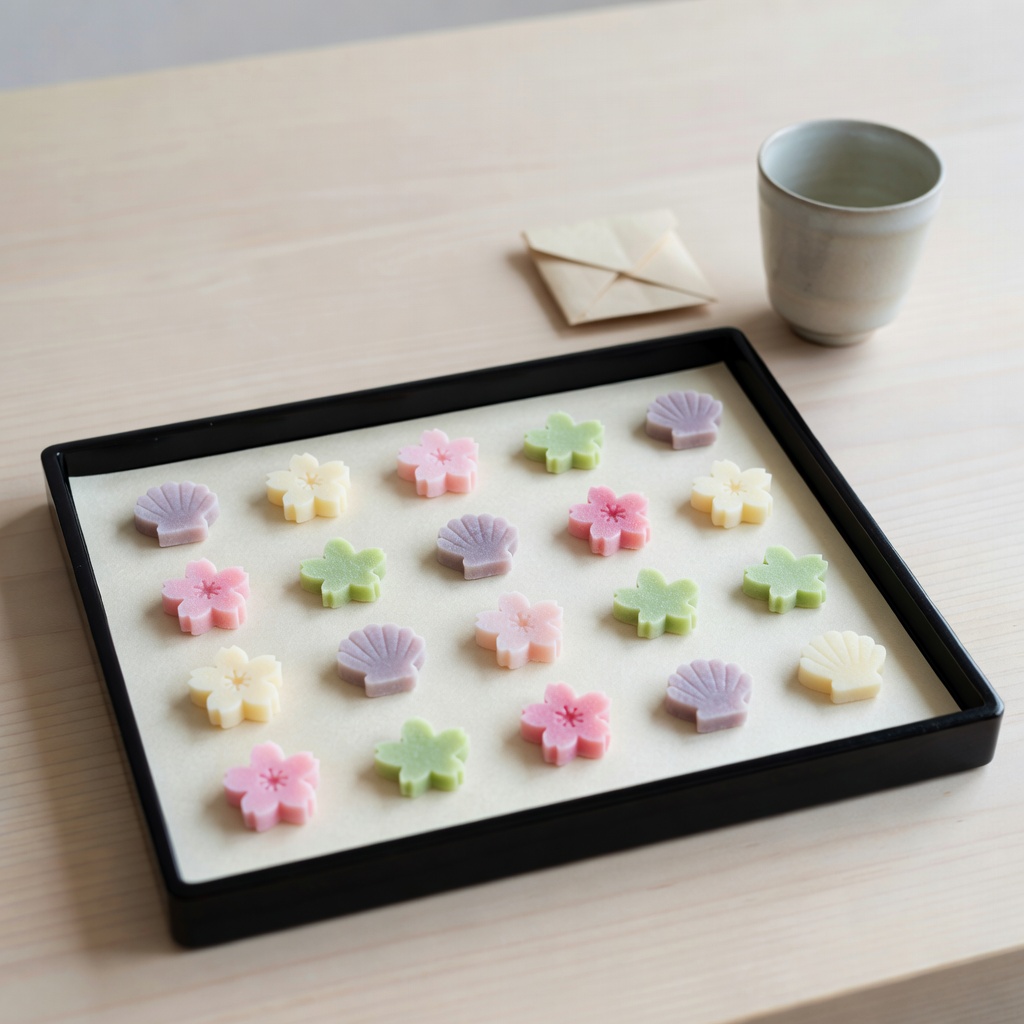 和三盆の干菓子 ー 口に入れた瞬間ほどける、上品な甘さ。季節の意匠を小さな一粒に。茶席の干菓子・引き菓子にも承ります