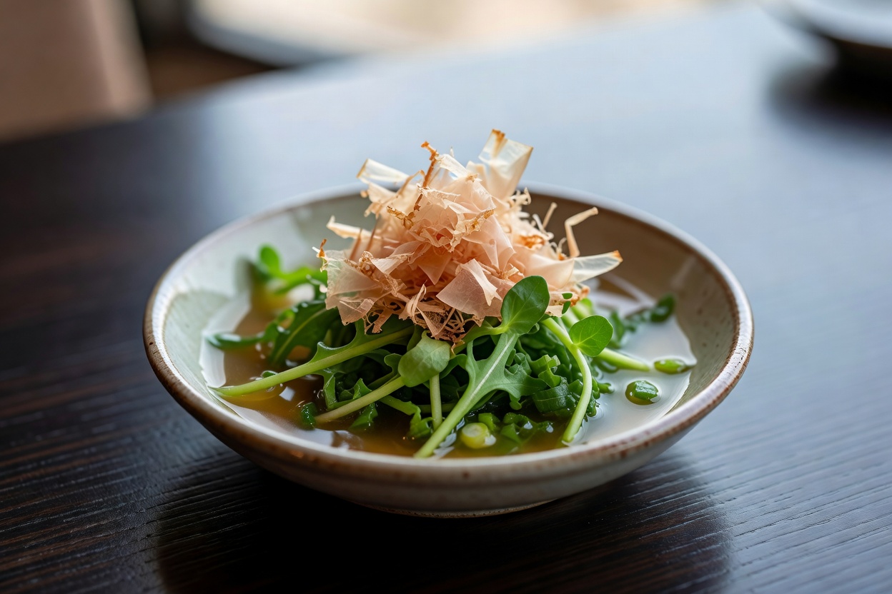 先付。旬の菜を出汁浸しにし、削りたての本枯節をひとひら