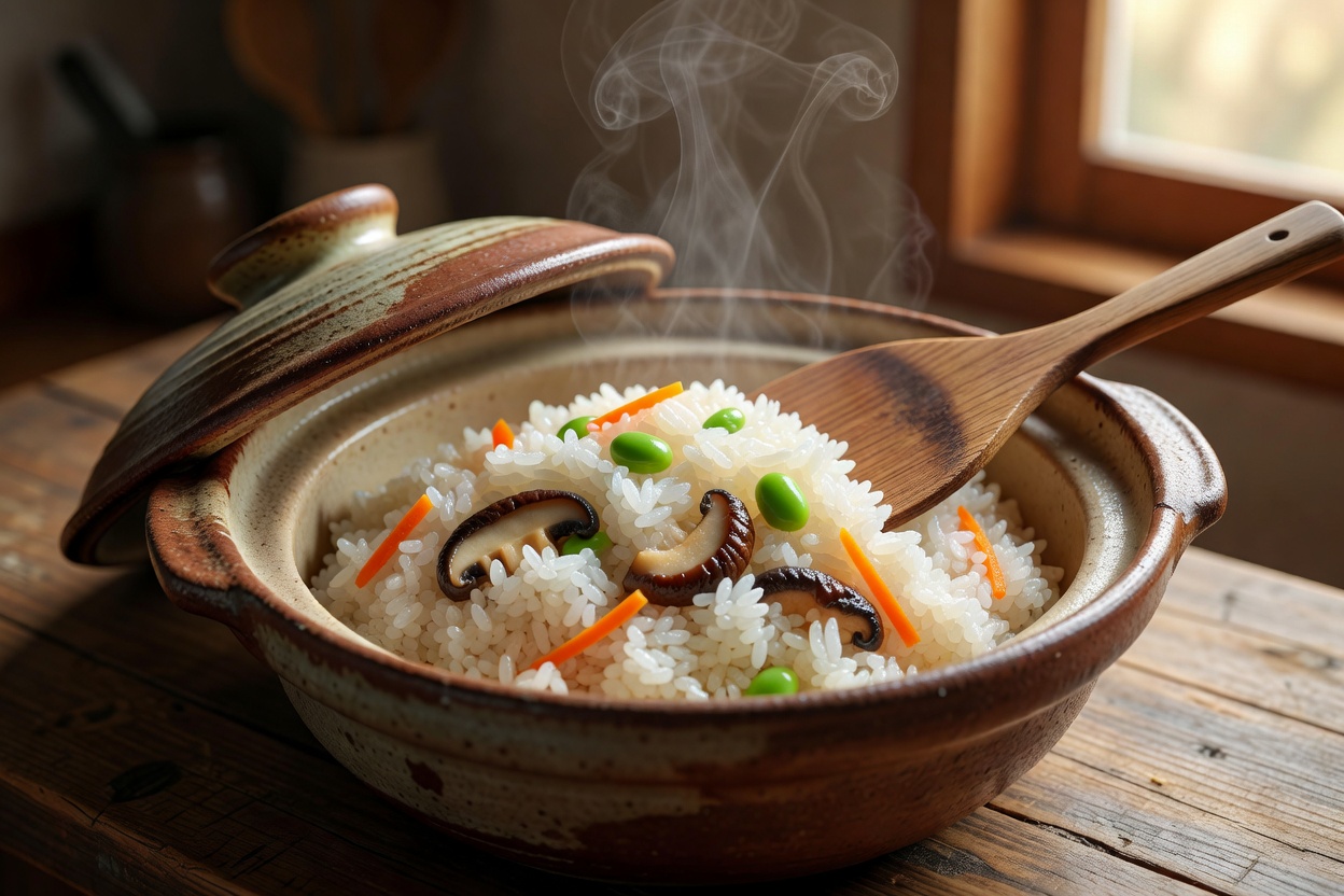 食事。土鍋で炊いた新米に、その日の旬を混ぜた季節のご飯