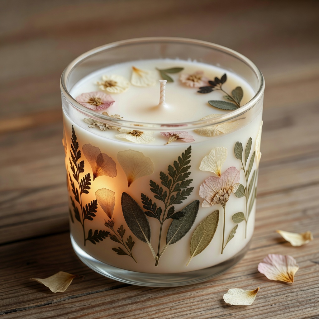 ボタニカルソイキャンドル。大豆ワックスにドライフラワーを閉じ込めて。灯すと花が透けて浮かぶ、火を点けるのが惜しくなる一灯。