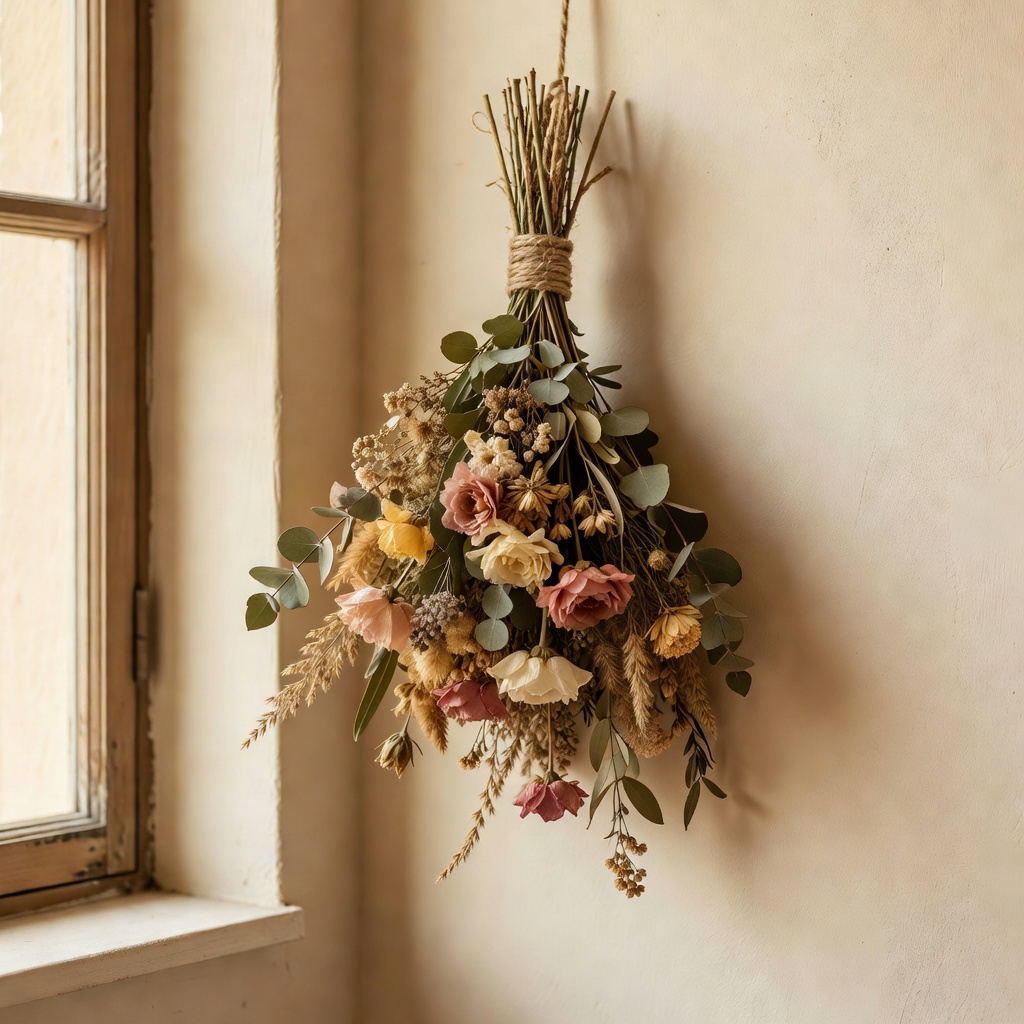 ドライフラワーのスワッグ。季節の花を束ねて逆さに吊るすだけ。枯れてゆく色も愛おしい、暮らしに飾る花束。