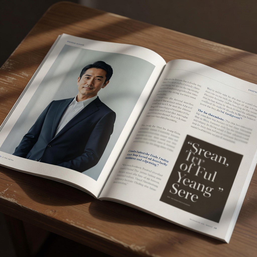 経営者インタビュー（ビジネス誌・見開き）。創業の原体験から、いま社員に伝えたいことまで。話し言葉の熱を残しながら、読みやすく構成しました。撮影ディレクションも同行。