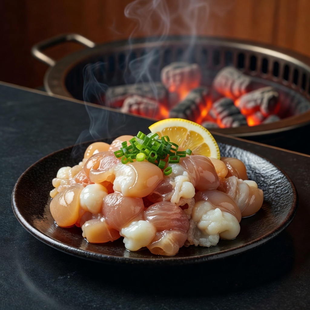 名物 塩ホルモン ー 朝びきのシマチョウとマルチョウ。臭みはゼロ、脂の甘さだけ。皮目を炭でぱりっと弾けさせてから