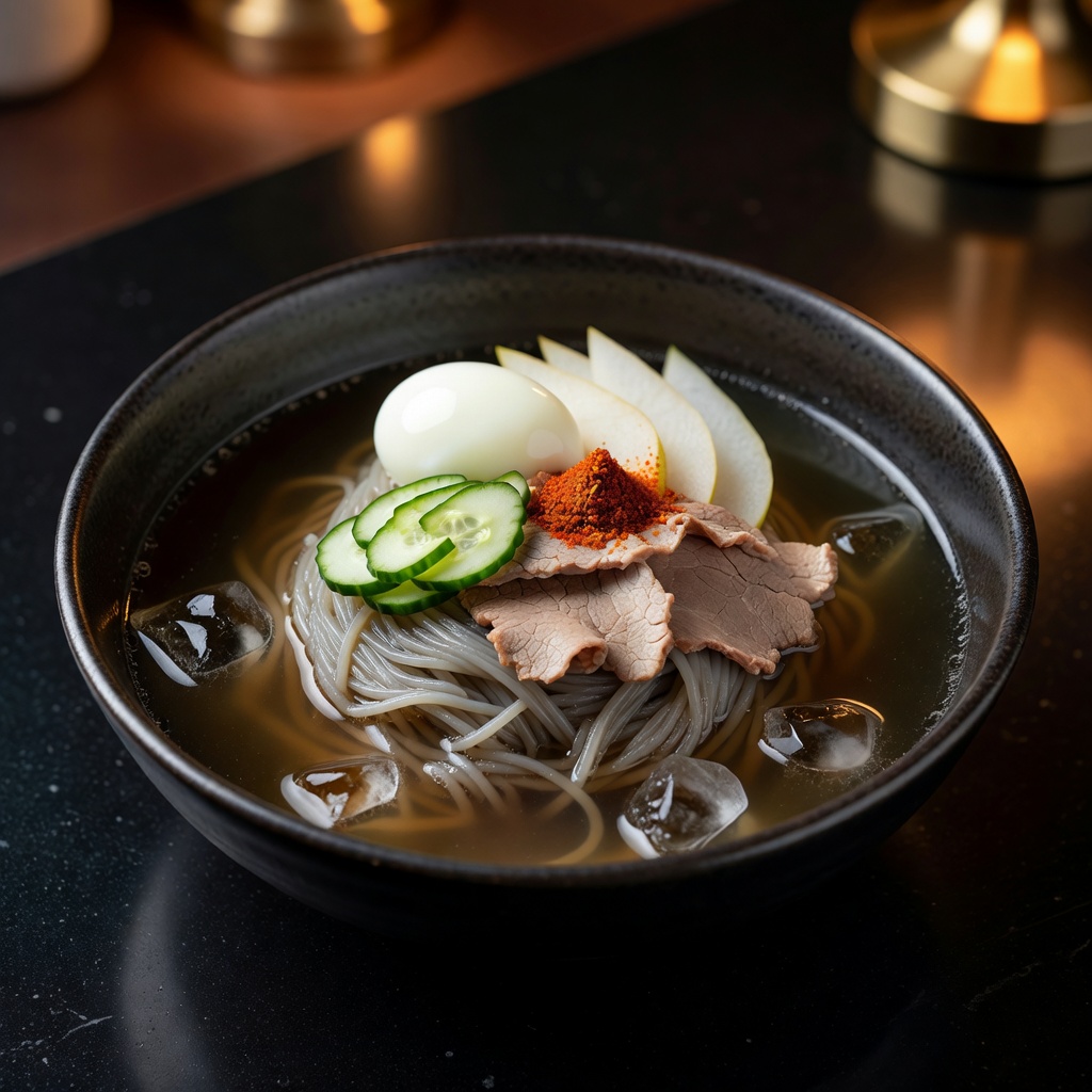 〆の冷麺 ー 自家製の細麺に、牛骨とテールでひいた澄んだスープ。焼き切ったあとの一杯まで含めて、燈火の一席です