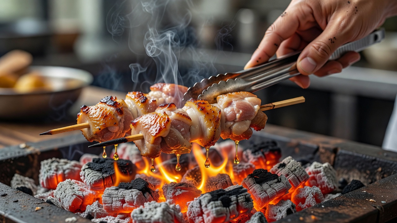 備長炭の熾火の上で焼き上がっていく焼き鳥の串を店主が返す手元