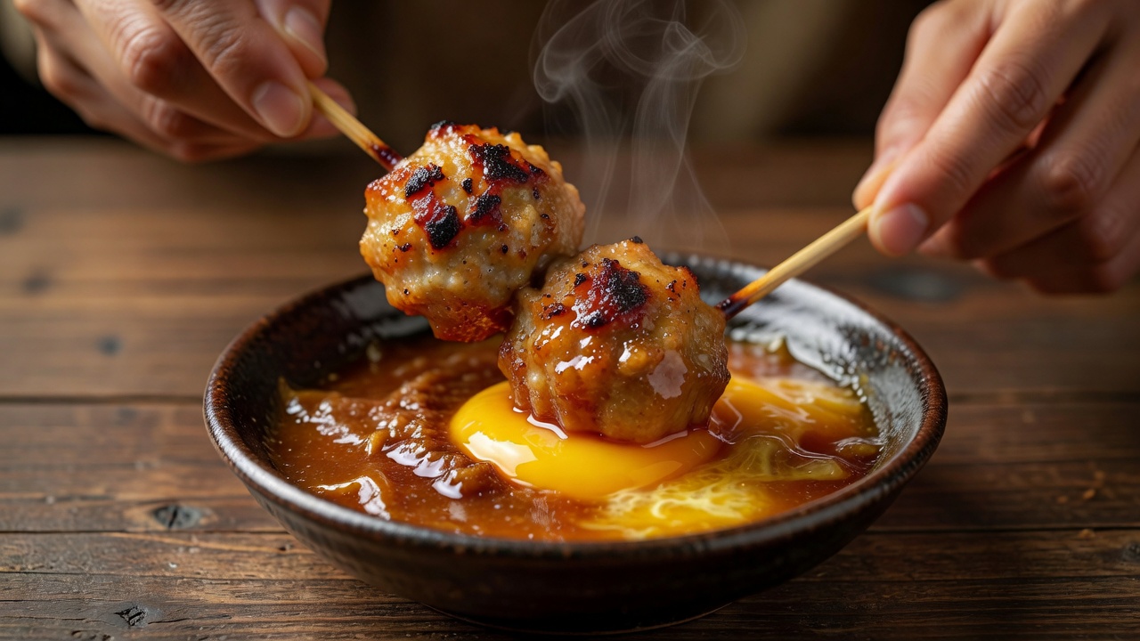 自家製つくね ー もも肉を粗めに叩き、軟骨の食感を残して。とろりとした卵黄をくぐらせる一本は、たれで焼くのがおすすめです