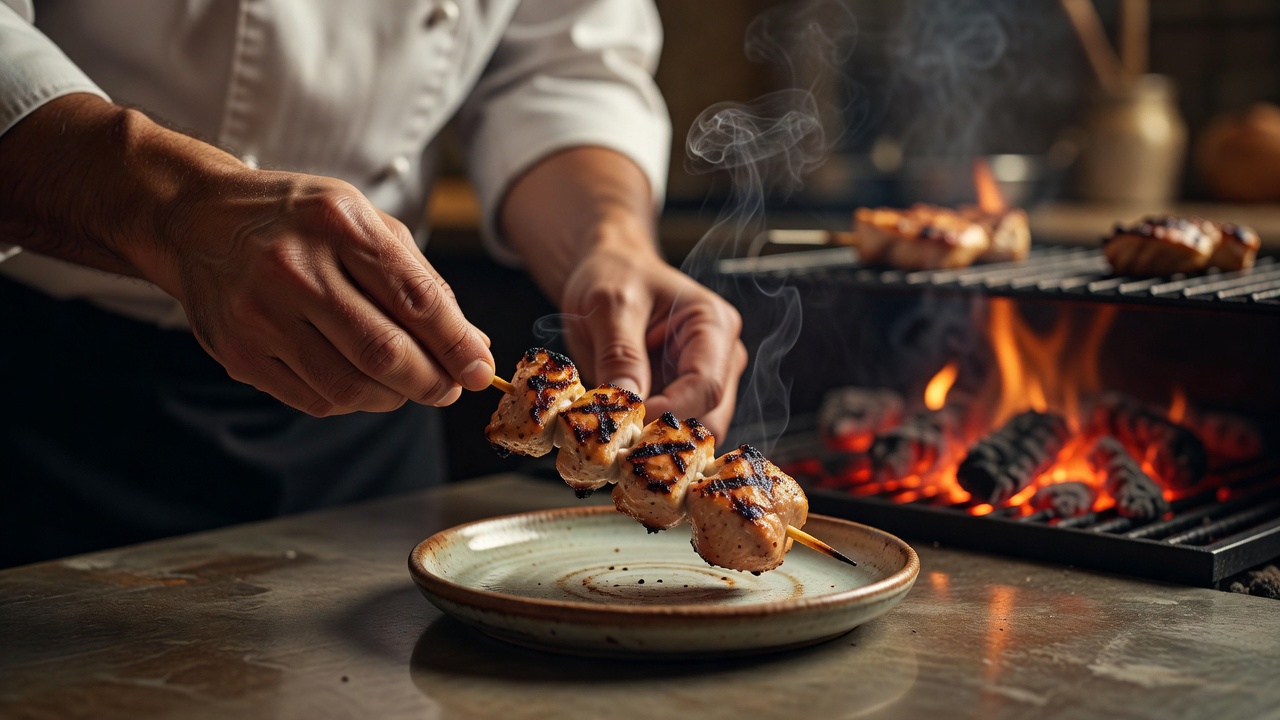 カウンター越しの盛り付け ー 焼きたてを一本ずつ、いちばんおいしい瞬間にお出しします。目の前で焼ける音と煙が、この10席のごちそうです