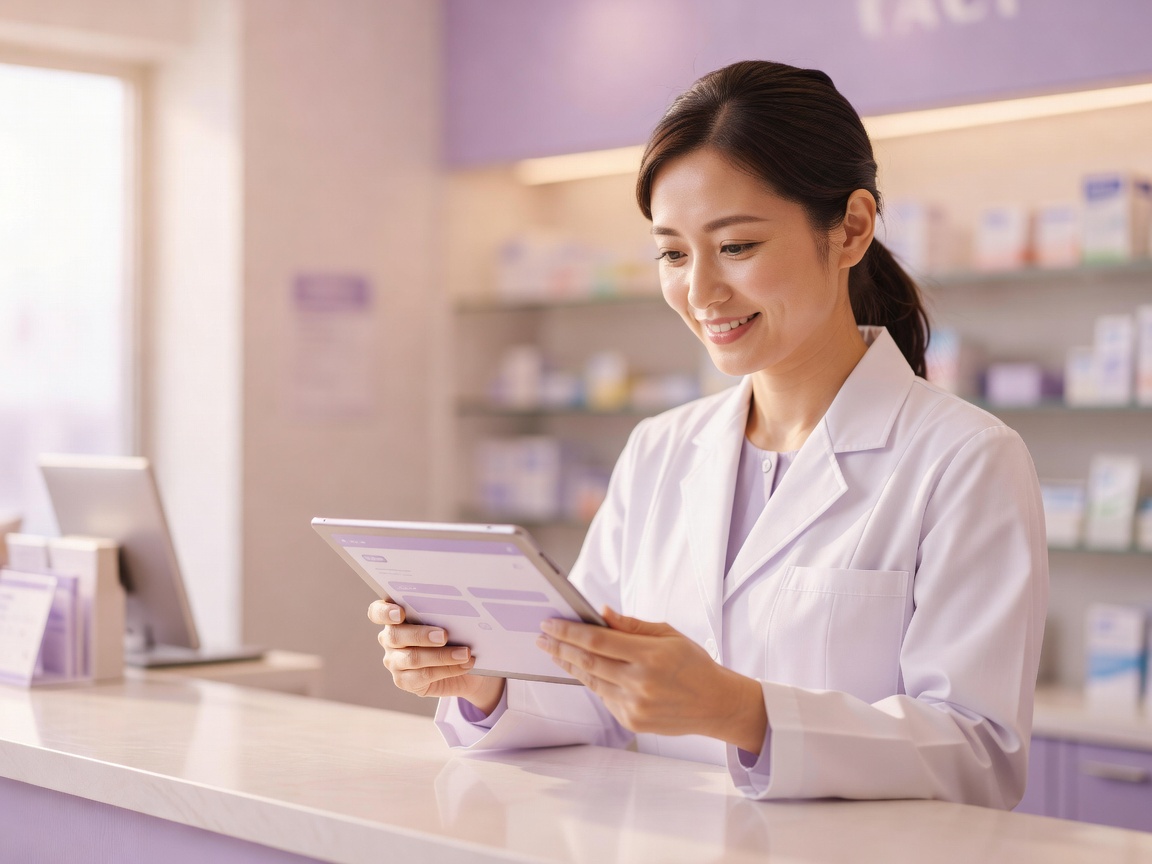 薬を受け取り笑顔で会話する高齢のお客様とかかりつけ薬剤師
