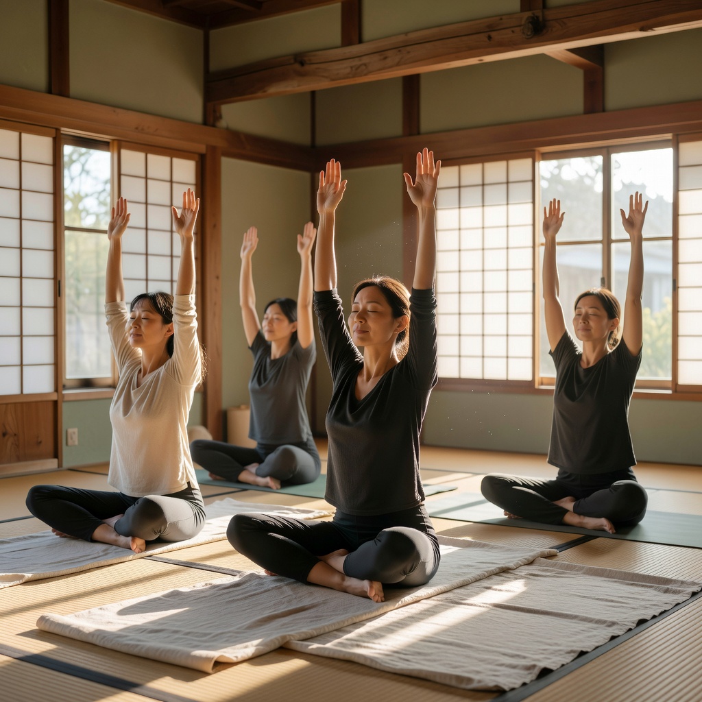 朝ヨガ ー 由比ヶ浜の光が畳に伸びる時間に、太陽礼拝でゆっくり体を起こします。一日の呼吸が変わる、いちばん人気の朝クラス