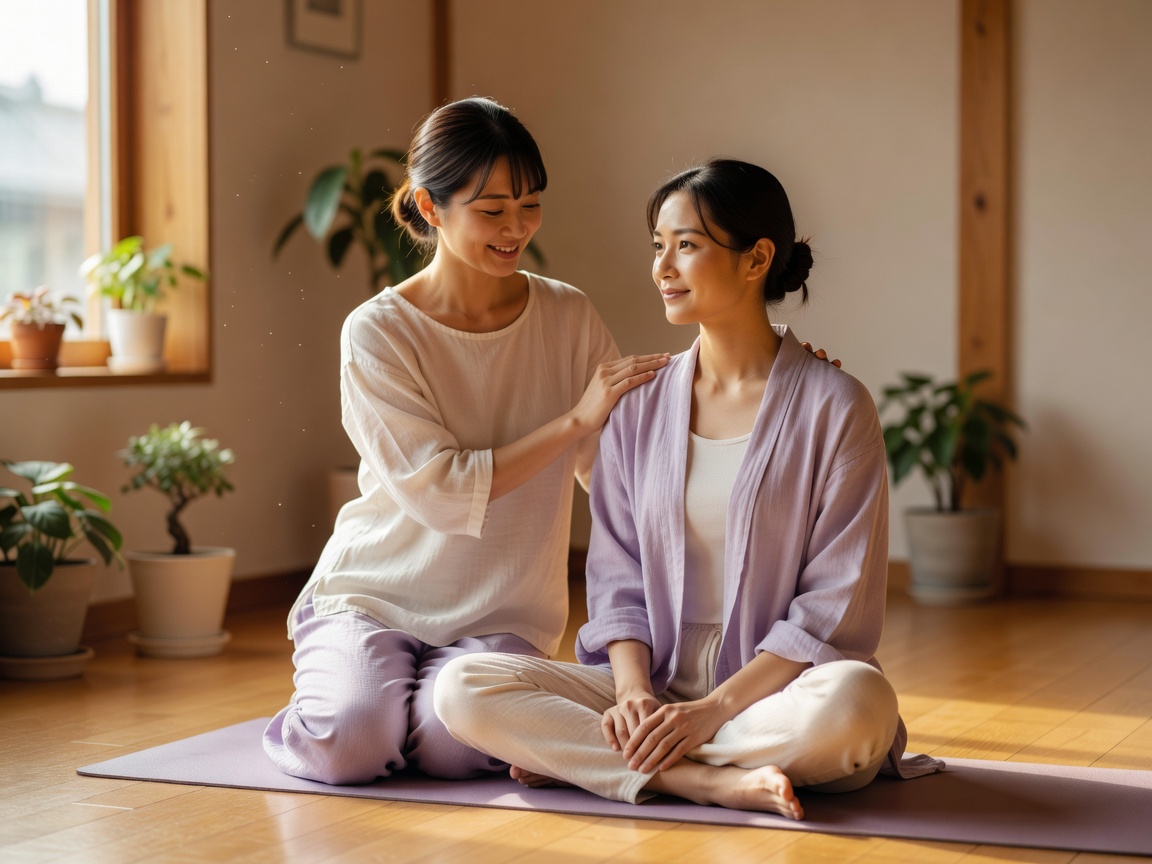 少人数のレッスンでマットに並び呼吸を整える生徒たち