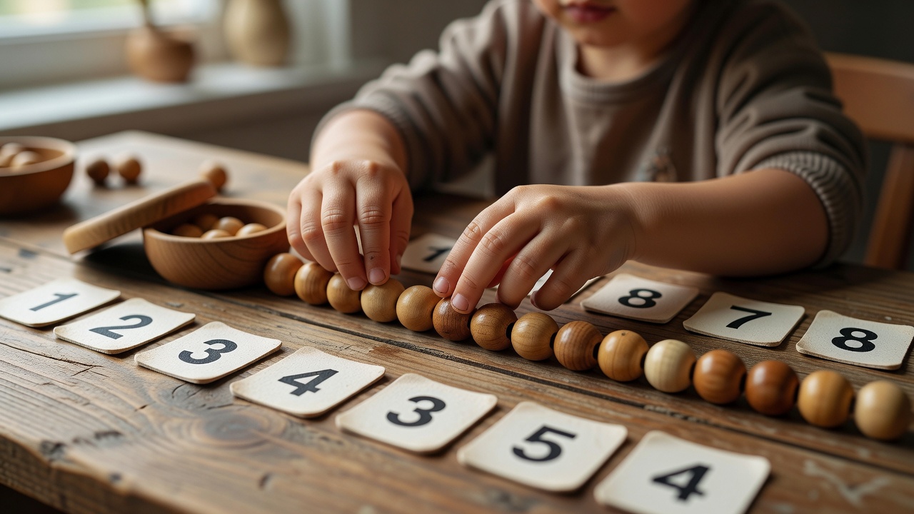 数の教具。ビーズを一つずつ数えながら、量と数字を結びつける4歳クラスの様子。