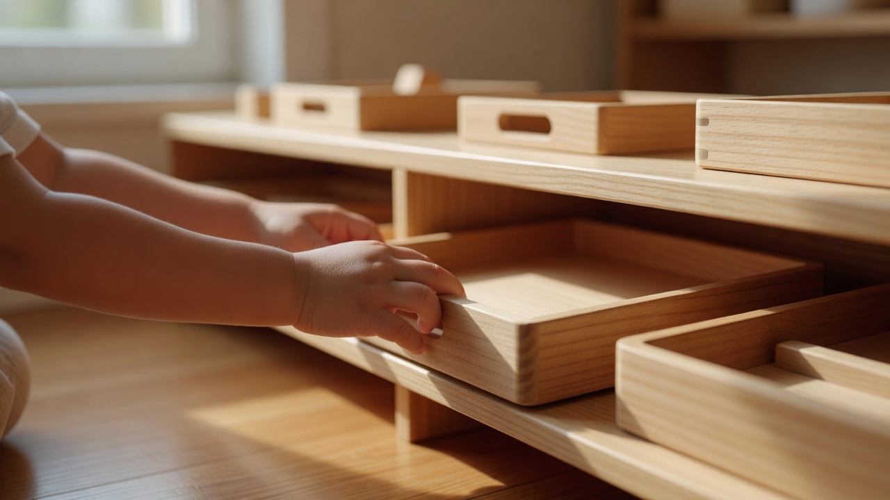 おかたづけまでが活動。使った教具を元の棚のもとの場所へ、自分で戻すところまでを大切にしています。