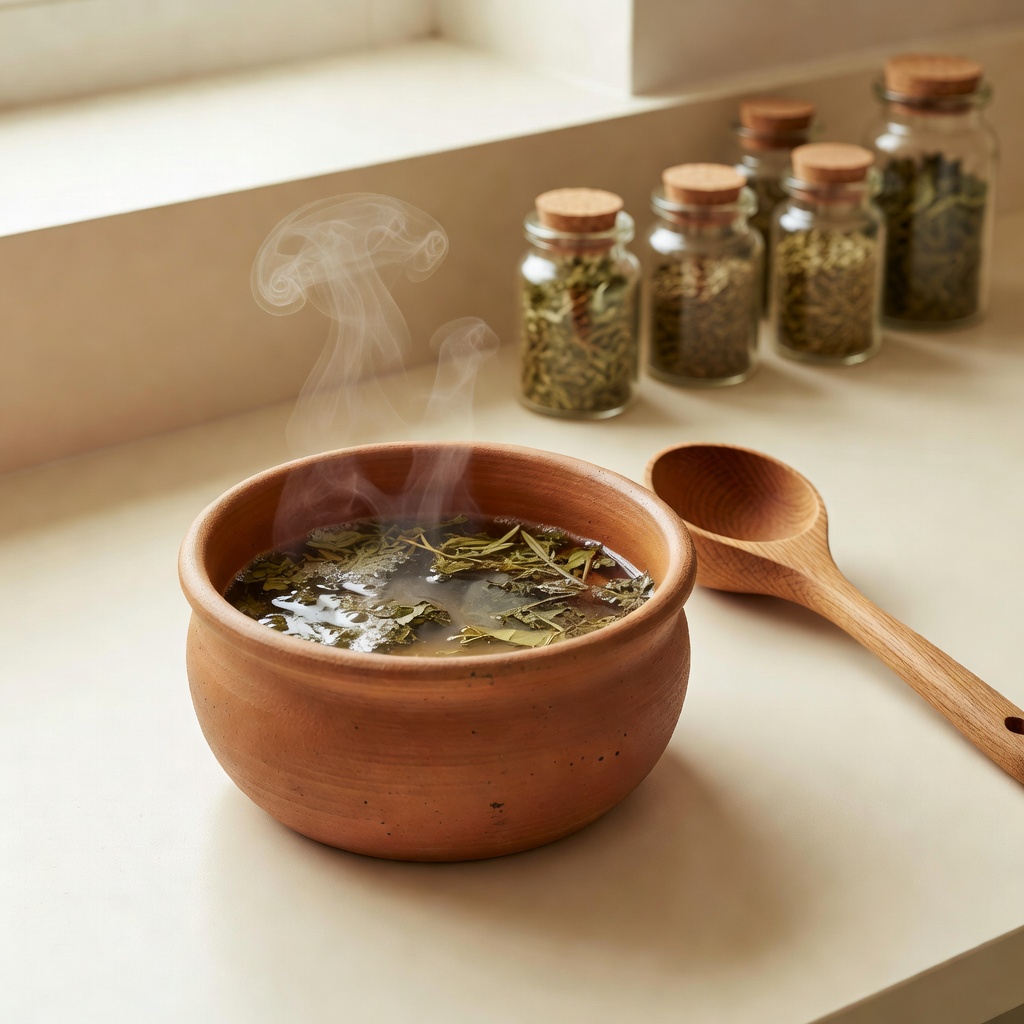薬草を煮出す土鍋 ー 使い切りの薬草を、その都度ていねいに煮出します