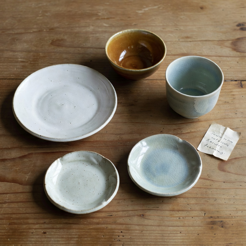 作家ものの器 ー 全国の陶芸作家さんから、直接お預かりした一点もの。粉引き・飴釉・青磁。同じ窯でも一枚ずつ表情が違うのが、手仕事の器です。値段の理由まで、店頭で正直にお話しします