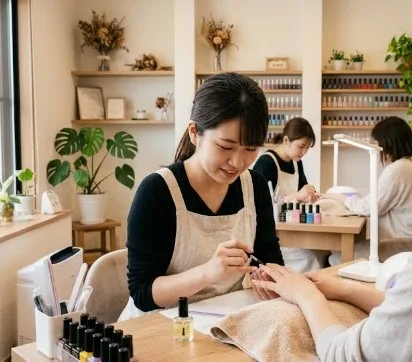 ネイルサロンで丁寧に施術を進めるネイリストの手元の様子